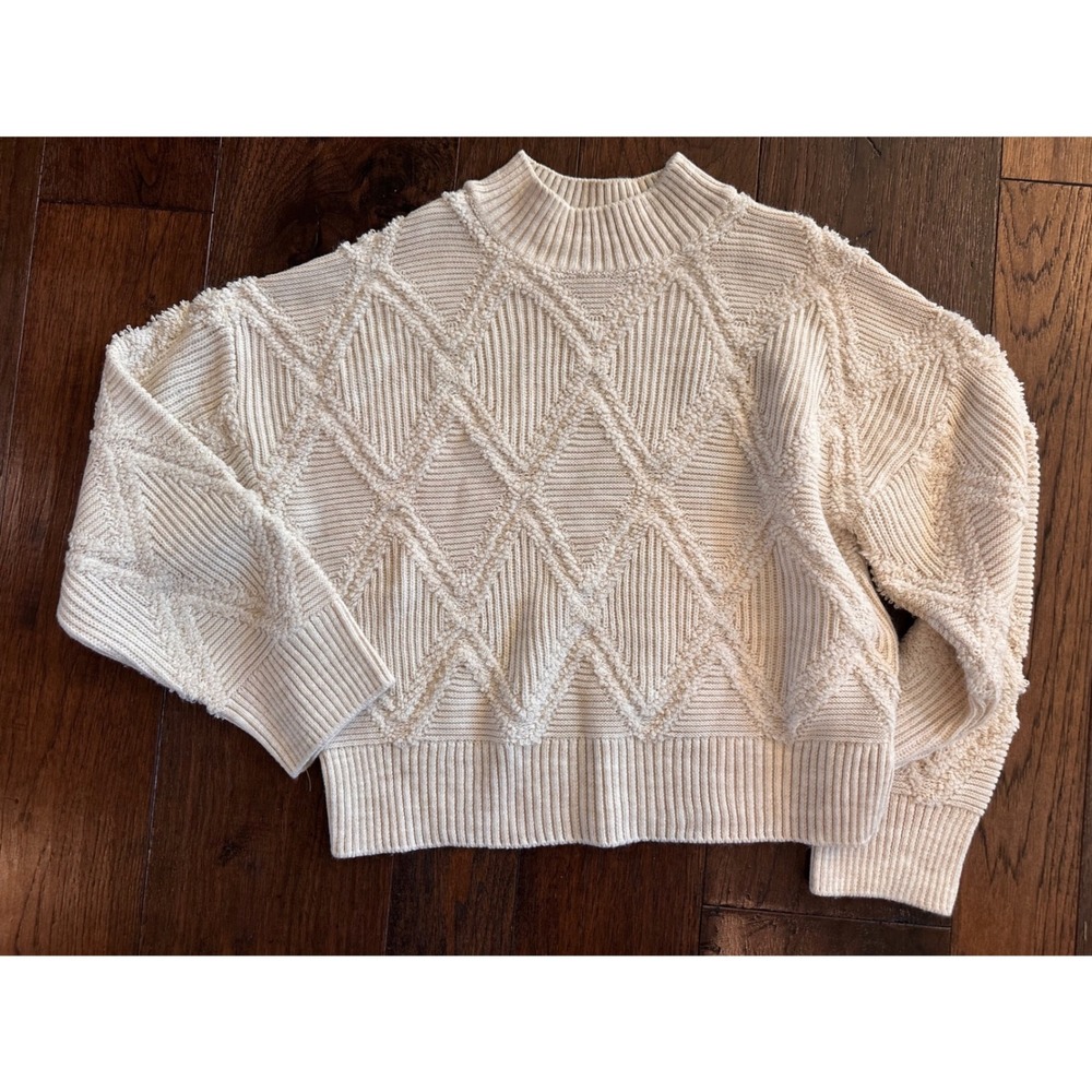 Primark Womens Cream Diamond Cable Knit Mock Neck Sweater Small Off White Ribbed